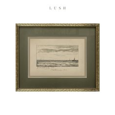 a framed drawing of a sailboat on the ocean with words lush written below it