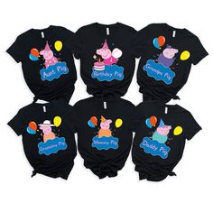 four peppa pig shirts with balloons and birthday cake on them, all in black