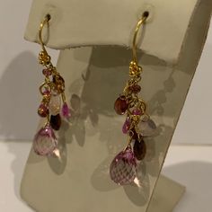 22 Karat Yellow Gold Laura Gibson Multi Color Stone Earrings With 12. Carats In Pink Tourmaline, Pink Topaz, Rose Quartz, Rubies, Rhodolite, Style # 6kp61303 Luxury Pink Multi-stone Earrings, Pink Multi-stone Earrings In Fine Jewelry Style, Pink Multi-stone Earrings Fine Jewelry, Fine Jewelry Pink Briolette Earrings, Pink Briolette Fine Jewelry Earrings, Pink Multi-stone Earrings For Anniversary, Luxury Pink Dangle Earrings, Pink Multi-stone Earrings For Gift, Luxury Pink Gemstone Earrings