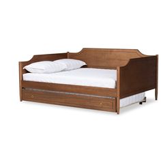 a wooden bed with white sheets and pillows on it's bottom half, in front of a white background