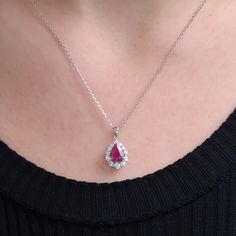 "Wedding Set Ruby Necklace, Natural Ruby Dimond Necklace, Natural Ruby Special Necklace, Pear Cut Ruby Matchless Surrounding Diamond Necklace   Items Details * Made to Order * Gold KT: 14K or 18K * Custom Gold Color: Rose Gold, Yellow Gold, White Gold. * Ruby: 0.80ct * Round CTW: 0.25ctw * Diamond Color-Clarity: E Color VS Clarity If you have any additional questions about this necklaces, just hit the \"Message \" button and we will get back to you within a few hours. ★ ★ ★ Each order will be beautifully packaged for gift giving in a jewelry box with an additional pouch for travels. Be sure to hit \"favorite\" on the right so it remains in your favorites list and/ or add to your wish list(s). ▶ Want to find out more? Check out my shop https://etsy.me/3Nt3uby Thank you for taking the time t Special Necklace, Ruby Necklace, Favorites List, Wedding Jewellery Necklace, Wedding Necklaces, Wedding Set, Natural Ruby, Diamond Color, Pear Cut