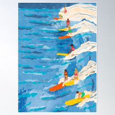 people on surfboards in the ocean with waves poster