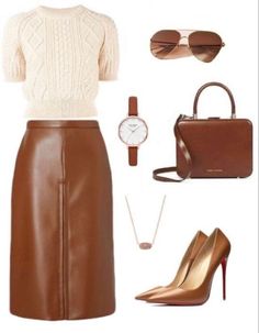 Brown Leather Skirt, Chique Outfit, Church Outfits, Boots Outfit, Modest Outfits