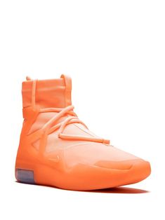 Find NIKE Air Fear Of God 1 Pulse Sneakers on Editorialist. The Nike Air Fear of God 1 “Orange Pulse” is an extremely bold colorway of the premium silhouette by Jerry Lorenzo. After opting for neutral tones for all of his initial versions of his debut Nike collaboration, Lorenzo dropped two wild looks for the Air Fear of God 1 in neon green and orange tones in the spring of 2019 . The latter is available here, featuring a tonal Orange Pulse hue from top to bottom for the textile upper, TPU suppo Orange Translucent Sneakers For Light Sports, Orange Athleisure Sneakers With Laces, Orange Low-top Running Shoes With Translucent Outsole, Orange Low-top Sneakers With Boost Midsole, Orange Sneakers With Boost Midsole For Streetwear, Sporty Orange High-top Sneakers For Streetwear, Nike High-top Sneakers With Abzorb Midsole For Light Sports, Orange Running Sneakers With Abzorb Midsole, Orange Low-top Sneakers For Light Sports