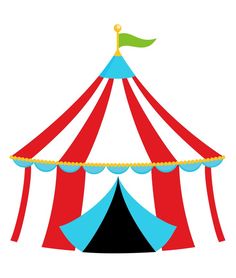 a red and blue circus tent sitting on top of a white floor