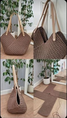 two pictures of the same purse and one is made out of woven material with wooden handles