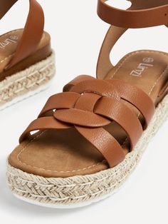 Tan Faux Leather Woven Espadrille Inspired Flatform Sandal – Linzi Trendy Synthetic T-strap Sandals With Round Toe, Trendy Brown Sandals With Woven Sole, Brown Flat Heel Synthetic T-strap Sandals, Brown Synthetic Flat Heel T-strap Sandals, Brown Flat Heel T-strap Synthetic Sandals, Beach Sandals With Textured Sole And Ankle Strap, Brown Synthetic Flat Heel Slingback Sandals, Trendy T-strap Sandals With Cushioned Footbed, Comfortable Platform Sandals With Round Toe