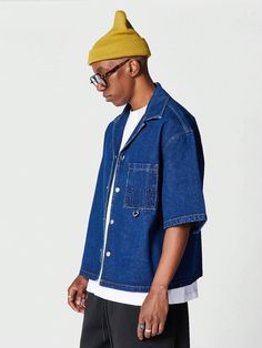 Short Sleeve Dark Wash Denim Jacket, Collared Denim Blue Shirt, Dark Wash Short Sleeve Denim Jacket, Short Sleeve Medium Wash Denim Jacket, Oversized Collared Blue Denim Top, Short Sleeve Medium Wash Cotton Denim Jacket, Oversized Casual Denim Top For Streetwear, Oversized Blue Denim Collared Top, Medium Wash Short Sleeve Denim Jacket