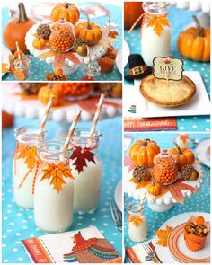 several pictures of pumpkins, cookies and milk in glass jars on a blue table cloth