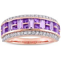 This pretty mosaic anniversary band is crafted in lustrous 10-karat rose gold. This elegant eternity ring features baguette-cut rose de france and square-cut African amethyst adorned with round white topaz gemstones studded on its edges. This beautiful wedding ring is the perfect gift for your beloved. Enhanced with a high polish finish, this modern wedding band is a valuable addition to any jewelry collection. Modern Wedding Band, Diamond Wallpaper, Gold Amethyst Ring, Gold Anniversary Rings, Amethyst And Diamond Ring, Beautiful Wedding Rings, Gold Anniversary, Stone Studs, Gemstone Studs