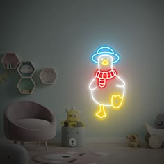 a neon sign in the shape of a cartoon character with a hat and scarf on