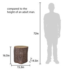 a man standing next to a tree stump with measurements for the height and height of it