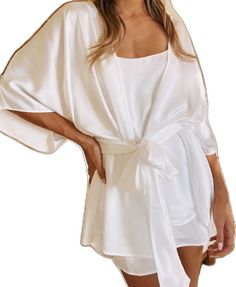 Elegant Solid Color Summer Sleepwear, Elegant Spring Wedding Night Sleepwear, Elegant Spring Sleepwear For Wedding Night, Elegant Robe For Wedding Night, Elegant Satin Summer Robe, Elegant Summer Satin Robe, Chic White Satin Sleepwear, Chic White Wedding Robe, Chic White Wedding Sleepwear