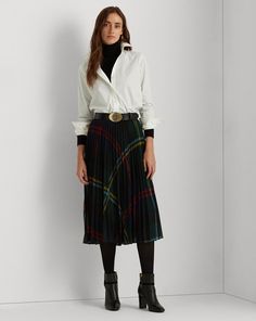 Tartan Pleated Georgette Skirt Tartan Skirt Outfit, Roll Neck Jumper Dress, Timeless Knitwear, Georgette Skirt, Ralph Lauren Shop, Georgette Dress, Stylish Coat, Kate Middleton Style, Business Casual Outfits