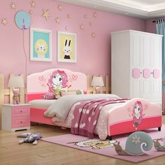 a child's bedroom decorated in pink and white