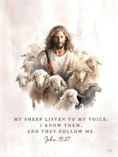 a painting of jesus with sheep in his arms and the words, my sheep listen to my voice, i know them, and they follow me