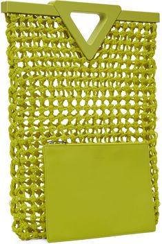 Rubber intreccio crochet top handle bag in green. · Fixed carry handle · Magnetic closure · Faux-leather zip pouch at interior · Unlined · H17 x W12.5 x D1 in Supplier color: Kiwi Modern Green Bag With Intrecciato Weave, Modern Green Bags With Braided Handles, Designer Green Bags For Summer, Designer Green Summer Bag, Designer Green Summer Bags, Green Intrecciato Weave Modern Bag, Green Rectangular Bags With Intrecciato Weave, Modern Green Bag With Woven Leather, Green Woven Leather Shoulder Bag For Shopping