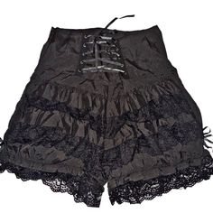 Brand New Boutique Item Note: Stock Pic Shows The Style But Not The Exact Bloomers. Exact Fit And Style Though Just Diff Detailing Black Victorian Lace , Front Ruffle Bloomers / Pantaloons Lace Up With Black Satin Ribbon Lined Hems With Crochet / Lace Silver Hardware ( Lace Holes) Measurements (Approx) The Size Wait Can Be Adjusted Some By The Lace Up But No Stretch And Side Zipper Closure Md:W:13-15” Rise:16” Length:20” Lg:W:15-17” Rise :16” Length:21” Xl:W:17-18” Rise:16” Length:22” 90/10 Poly Black Bottoms With Lace Trim For Night Out, Gothic High Waist Fitted Shorts, Gothic Black Shorts, Ruffled Bottoms For Summer Costume Party, Gothic Fitted Short Bottoms, Gothic Fitted Short Length Bottoms, Black Lace Trim Pants For Party, Black Fitted Shorts For Alternative Fashion, Gothic Black Bottoms For Spring