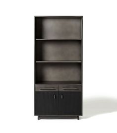 a black bookcase with two doors and drawers