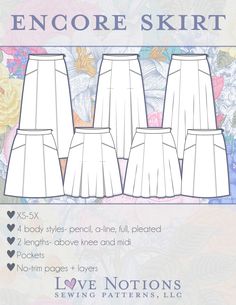 four pleated skirts with the text, i love notions sewing patterns