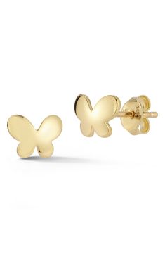 A pair of butterfly stud earrings crafted in gleaming 14-karat yellow gold is a must-have staple for your collection. Post back 14k gold Made in the USA Gold Butterfly Earrings Fine Jewelry, Gold Butterfly Fine Jewelry Earrings, Butterfly-shaped Yellow Gold Earrings For Anniversary, Yellow Gold Butterfly Earrings For Anniversary, Butterfly-shaped Yellow Gold Anniversary Earrings, Hypoallergenic Yellow Gold Butterfly Jewelry, Hypoallergenic Butterfly-shaped Yellow Gold Jewelry, Hypoallergenic Butterfly Yellow Gold Jewelry, 14k Yellow Gold Earrings With Butterfly Charm