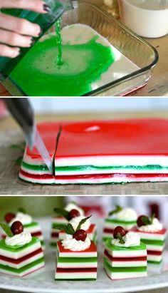 the process of making christmas desserts is shown in three different pictures, including green and red jello