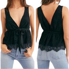 Chante Lace Tank By Free People - V-Neck - Sleeveless - Slips On Over Head - Tie Waist - Scallop Trim - Lace Construction - Lined Shell: 100% Nylon Lining: 100% Viscose Trim Size Small New With Tags No Flaws Professional Seller, Offers Are Always Welcomed, Don’t Forget To Bundle And Save 30% Casual V-neck Tank Top For Date Night, Elegant Black V-neck Tank Top, V-neck Tank Top For Date Night In Spring, V-neck Camisole For Date Night, Black V-neck Tank Top For Spring, Chic Black V-neck Tank Top, Vest Top With V-neck For Night Out, V-neck Top For Night Out, Black V-neck Camisole For Party