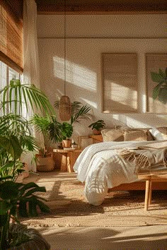 a bed sitting in a bedroom next to two potted plants