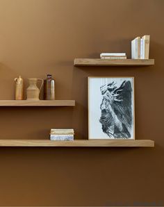 two wooden shelves with books, vases and pictures on them against a brown wall