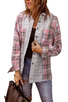 Pink Plaid Color Block Pocket Button-up Long Sleeve Shirt Relaxed Fit Collared Flannel Shirt For Spring, Spring Flannel Shirt With Relaxed Fit, Spring Relaxed Fit Flannel Shirt With Button Closure, Spring Flannel Shirt With Button Closure For Work, Relaxed Fit Flannel Shirt With Button Closure For Spring, Spring Workwear Flannel Shirt With Button Closure, Spring Button Closure Flannel Shirt For Work, Spring Collared Flannel Shirt With Pockets, Collared Flannel Shirt With Pockets For Spring