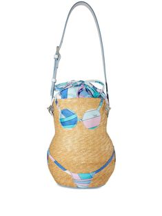 multicolour straw leather graphic print to the front appliqué logo adjustable shoulder strap drawstring fastening main compartment silk lining Straw Bucket Bag, Bucket Bag Style, Van Cleef Arpels, Emilio Pucci, Dolce & Gabbana, Lady Dior, Beach Bag, Valentino Garavani, Saddle