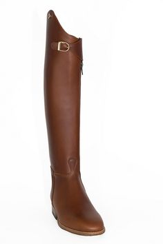 a tall brown boot with a buckle on the side