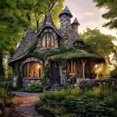 an image of a house that is in the middle of some trees and bushes with plants growing on it