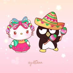 hello kitty wallpaper with an image of a penguin and a cat wearing sombrero