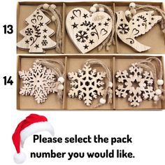 an assortment of wooden ornaments in a box with instructions to make them look like snowflakes