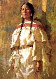 an oil painting of a native american woman in white dress and headdress holding a stick