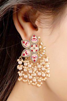 I Jewels 18k Gold Plated Meena Work Pearl Kundan Studded Drop Earring For Women (E2923Gr) Stylish Designer Meenakari Worked Traditional 18k Gold Plated Drop Earrings with lovely combination of Colors from I Jewels. These designer earrings, made with Love by our karigar with real craftsmanship, will complement any Occasion Ethnic Wear. These beautiful earrings are handcrafted in alloy with pearls of good quality. Coated with high Quality and thickness gold polish. Go ahead and make them all yours Bollywood Style Yellow Gold Earrings As Gift, Celebration Yellow Gold Meenakari Danglers, Meenakari Yellow Gold Drop Earrings, Traditional White Pearl Earrings, Traditional White Pearl Pierced Earrings, Gold Plated Meenakari Chandbalis For Gift, Gold Plated Meenakari Chandbalis As Gift, Round Meenakari Chandelier Earrings, Traditional Danglers For Anniversary