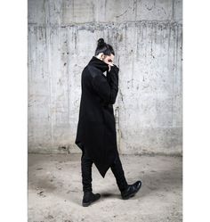 Long soft thick cotton jacket with high collar, pockets, thumb holes. One layer jacket. The model on the picture is wearing size L. His measurements are chest 105cm, waist 78cm, hips 97cm, height 187cm. Collection 'EVOLUTION' AW21/22 *If you are not sure about your size please get in touch with us so we can refer the best fit for you. Layer Jacket, Futuristic Fashion, Avant Garde Fashion, Men's Clothes, Macedonia, Cotton Jacket, Thumb Holes, High Collar, Unique Fashion