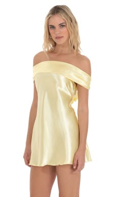 Satin Off Shoulder Dress in Yellow Off The Shoulder Short Satin Dress, Dark Yellow Dress Short, One Sleve Short Dress, One Shoulder Dress Short Formal, Yellow Satin Bodycon Dress, One Shoulder Short Prom Dress, Yellow Party Dress Short, Yellow Silk Mini Dress, Hoco Dresses Off The Shoulder