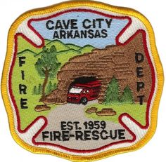 the cave city armans fire rescue patch is shown in yellow and red, with an image of a truck driving through it