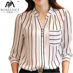 Barato Camisa de manga comprida mulheres Tops listrado grande Chiffon das mulheres blusa V BMC900, Compro Qualidade Blusas diretamente de fornecedores da China:                               2015 mais novo                           Venda quente de manga comprida camisa c Shirt Korean Style, Korean Blouse, Korean Style Women, Striped Shirt Women, Shirt Korean, White Blouses, Shirt Female, Chiffon Shirt