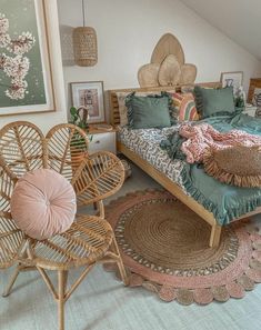 a bedroom with wicker furniture and rugs on the floor next to a bed