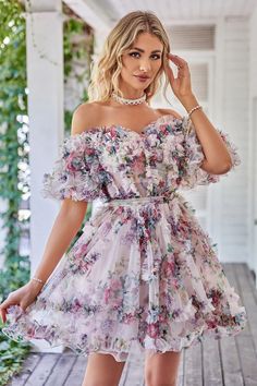 Zapakasa Women Short Homecoming Dress Ivory Floral Off The Shoulder Cocktail Dress Floral Short Dress Formal, Moda Z Lat 70., Fluffy Dress, Lovely Partner, Cute Homecoming Dresses, Outfits Dress, Floral Dresses Short, Black Tie Gala, Dress Occasion