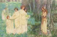 a painting of some women standing in the grass with trees and flowers behind them,