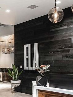 a black and white office with modern decor