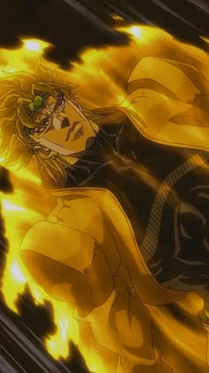 an anime character with yellow hair and black clothes, in front of a blazing background