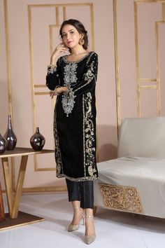 Sofia | Pakistani Designer Outfit | Sarosh Salman Casual Bridal Dress, Fancy Suits, Embroidery On Black, Latest Kurti Design, Pajama Men, Kurta Pajama Men, Winter Suits, Velvet Dress Designs, Salwar Dress