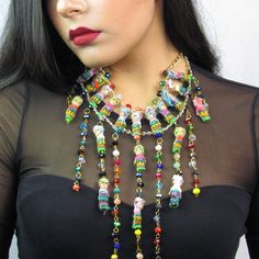 Hand-Crafted Bead Necklace. Made In Mexico Premium Glass Beads Unique Style Statement Piece Beaded Dangle Necklaces For Party, Multicolor Beaded Necklace With Dangling Beads For Party, Whimsical Beaded Necklaces For Party, Whimsical Party Beaded Necklaces, Bohemian Bead Caps Necklace For Party, Multicolor Necklaces With Bead Caps For Party, Unique Beaded Necklaces With Dangling Beads For Party, Jewelry Mexican, Doll Necklace