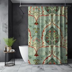 a bath room with a toilet and a shower curtain on the wall next to a tub