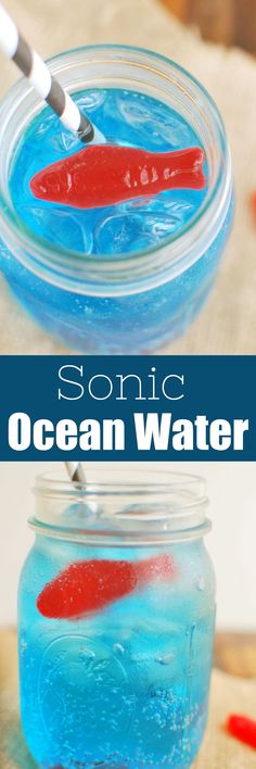 a jar filled with blue liquid and red fish in it, next to the words sonic ocean water